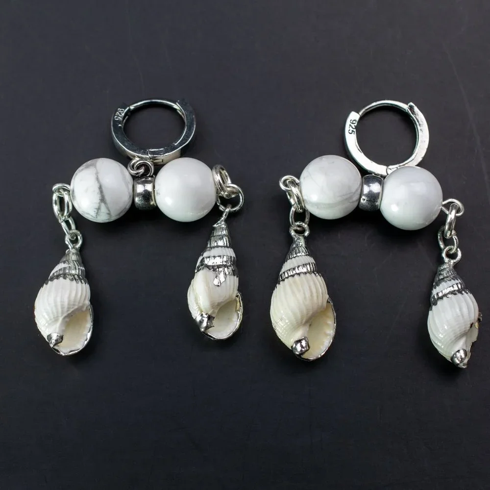 Unique White Shell Chunky Earrings, Handcrafted Howlite Dangle Hoops